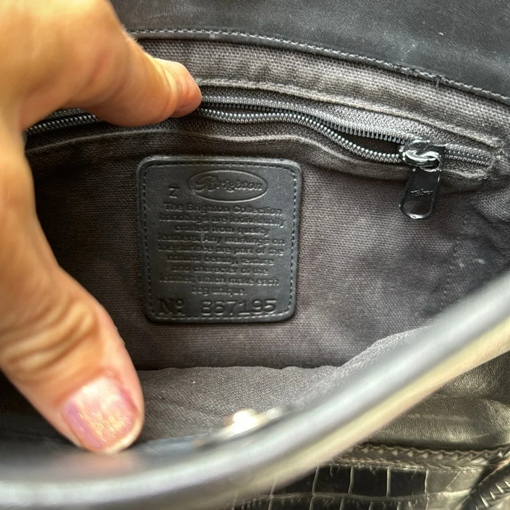 Brighton Black Leather Tote Bag Croc Embossed Trim Braided Straps Heart Hardware - Picture 9 of 16